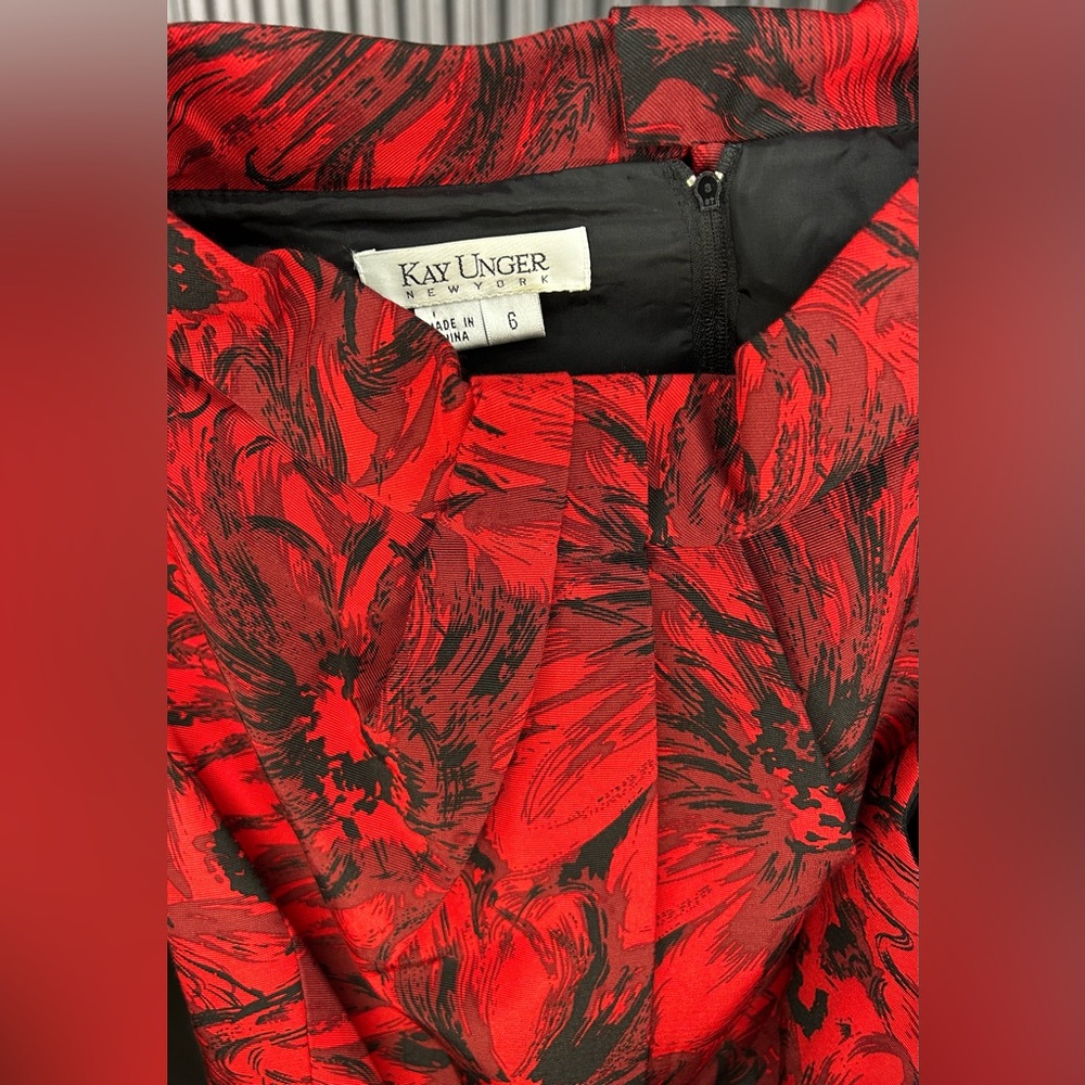 Women’s Designer Kay Unger Red Black Cotton Silk Floral Midi Designer Dress 6 - Picture 3 of 4